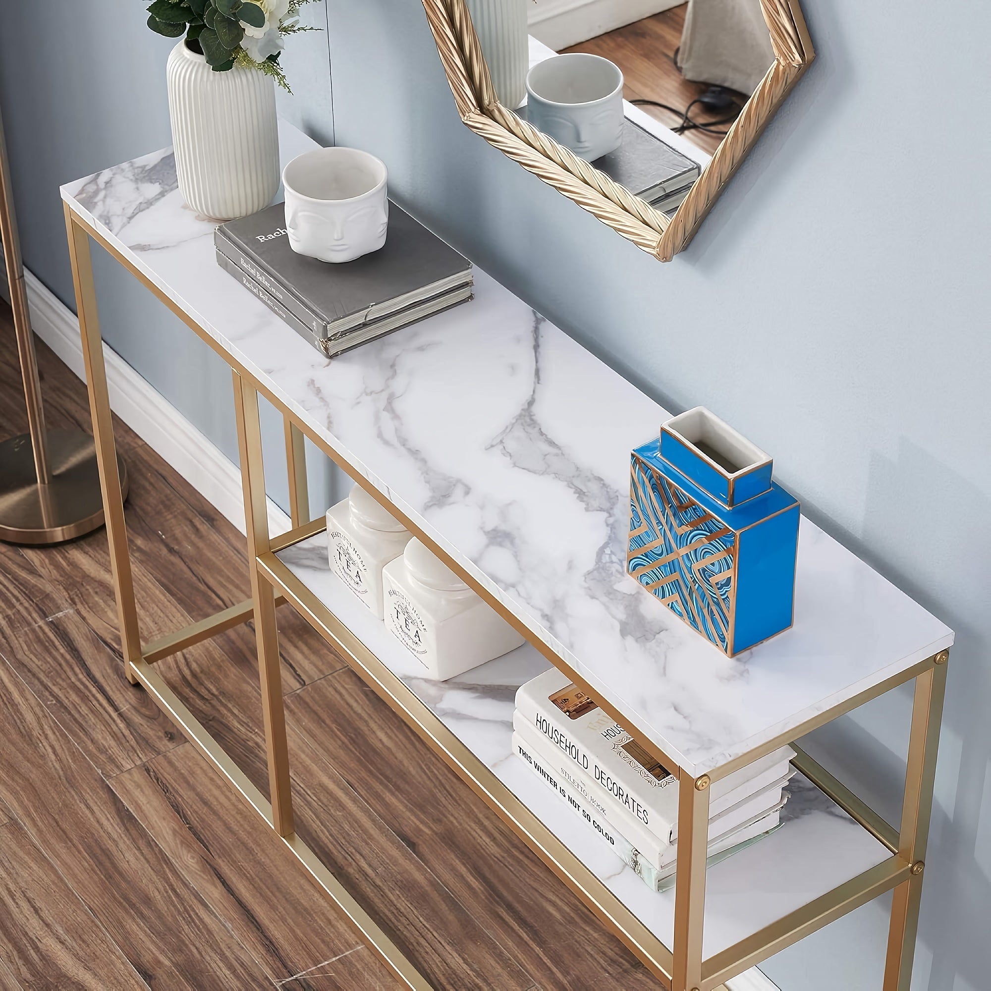 3-Tier Console Table, 120 cm Faux White Marble Buffet Table with Storage Shelf, for Home, Hallway, Living Room (White-Gold) - 6090-Sage-80GOLD 3-Tier Console Table, 120 cm Faux White Marble Buffet Table with Storage Shelf, for Home, Hallway, Living Room (White-Gold) - 6090-Sage-80GOLD